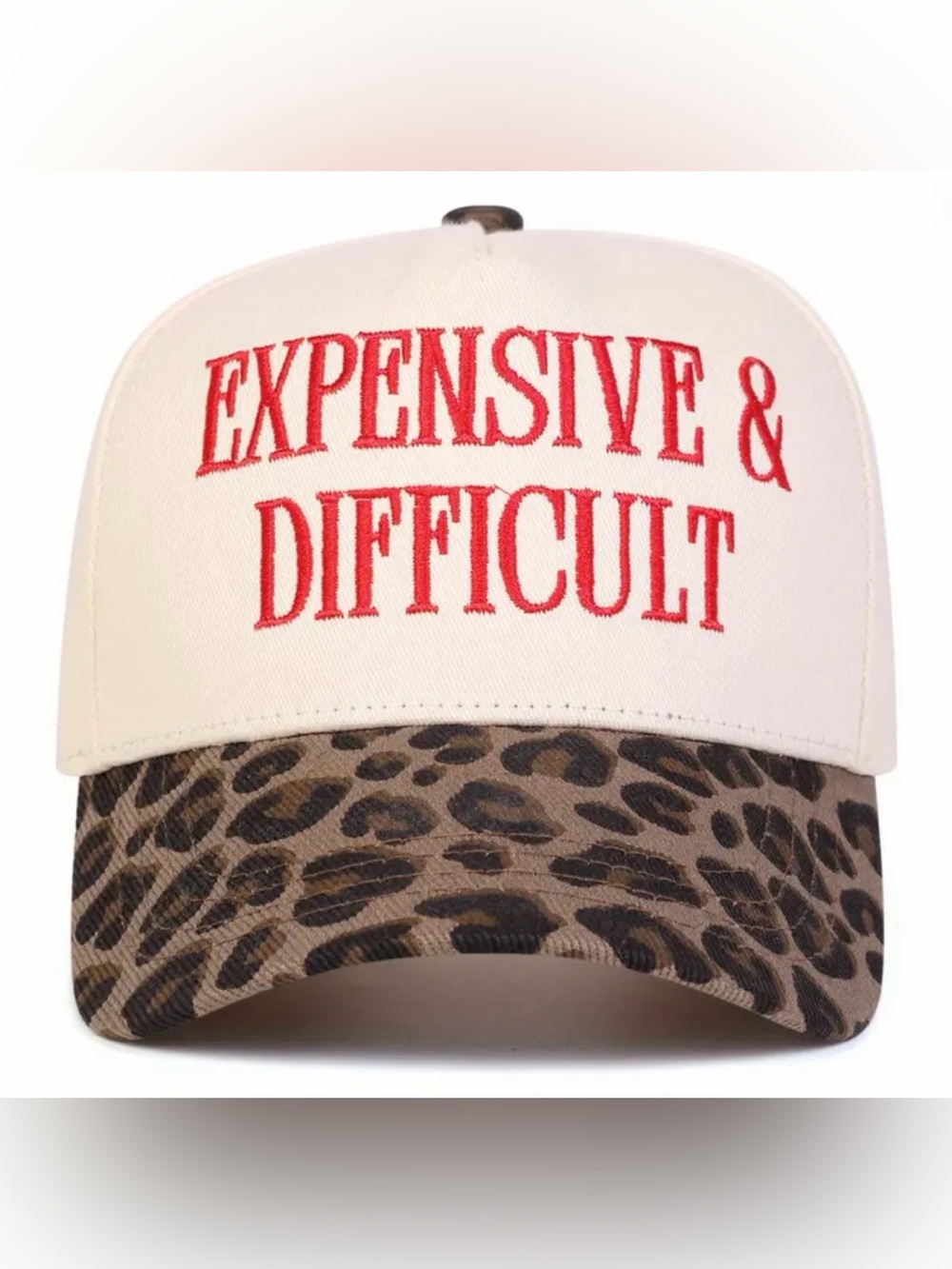 White and Red 'Expensive & Difficult' Baseball Cap with Leopard Visor